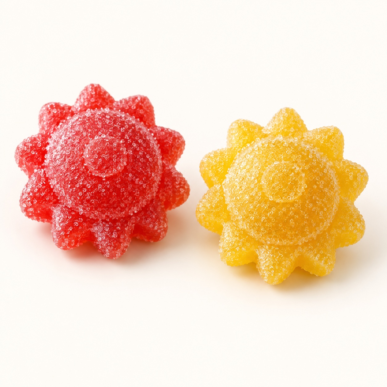 Red and golden yellow sugar-coated gummy suns