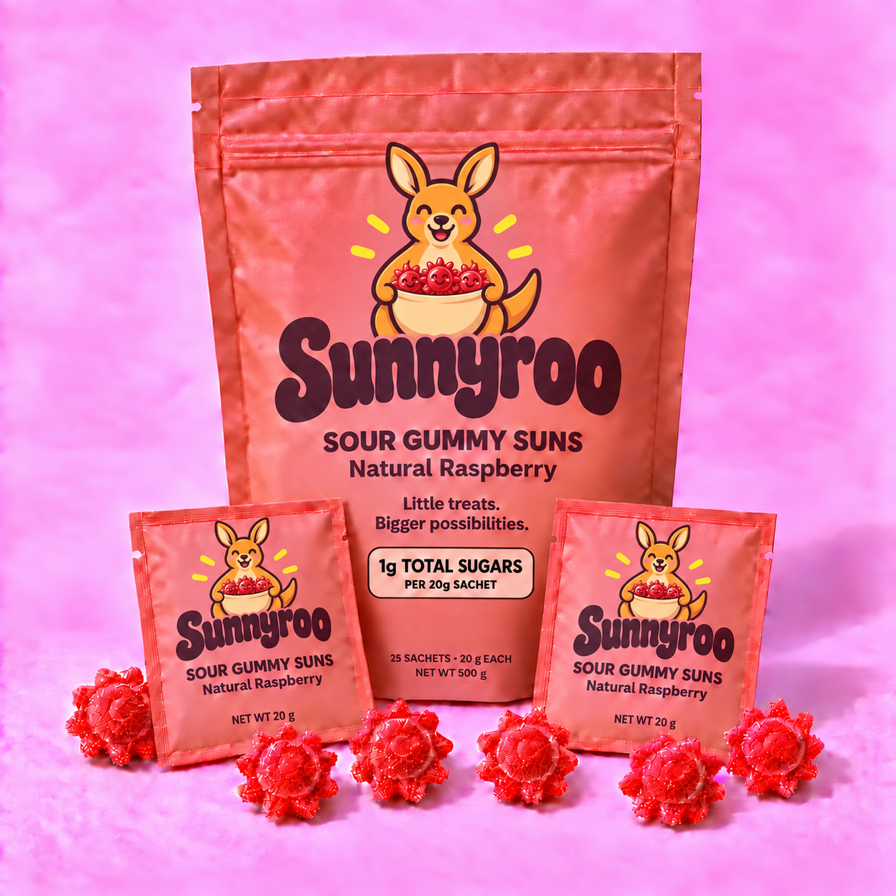 Sunnyroo Natural Raspberry in pink packaging with a cheerful kangaroo carrying red gummy suns in its pouch