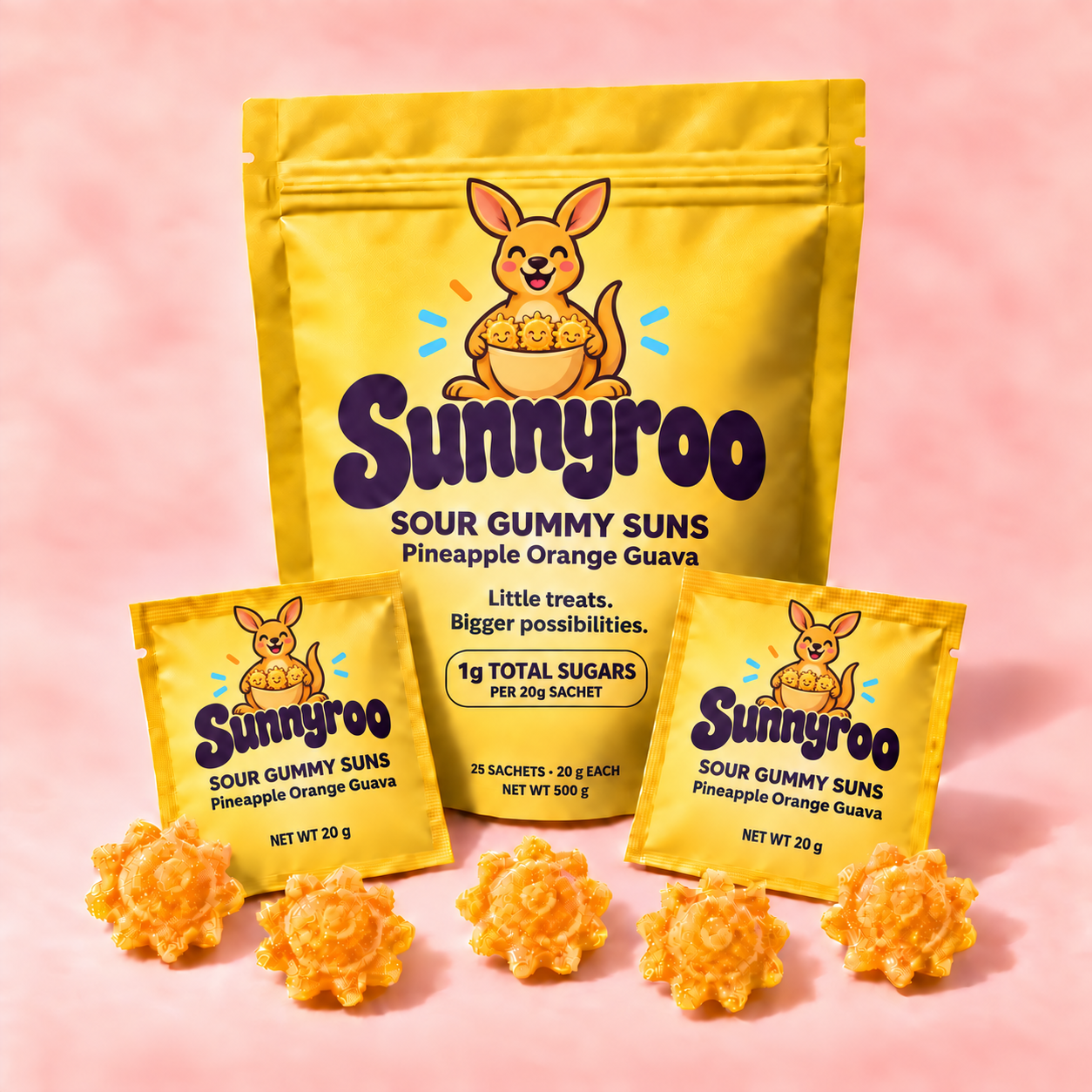 Sunnyroo Pineapple Orange Guava: golden kangaroo artwork with yellow gummy suns tucked into its pouch